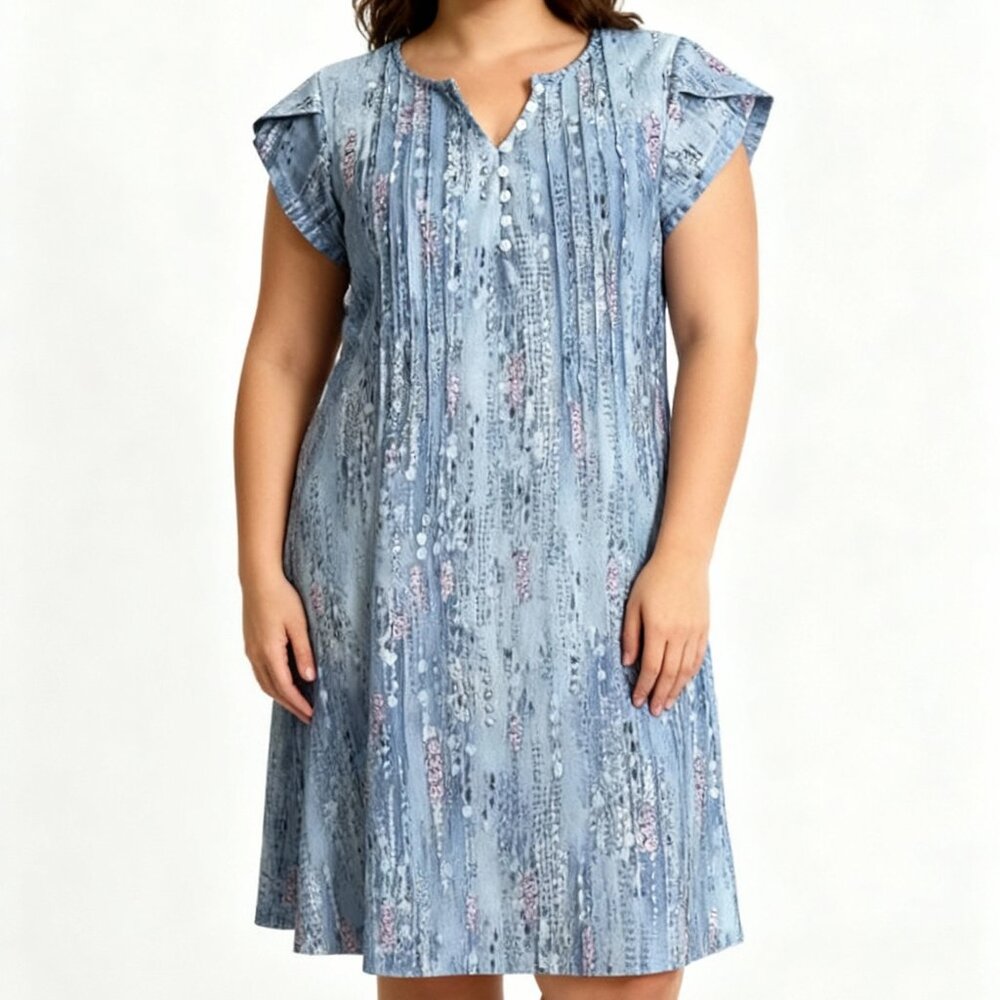 Disamer Blue Printed Button-Front Dress — Short Sleeve A-Line - Size Small